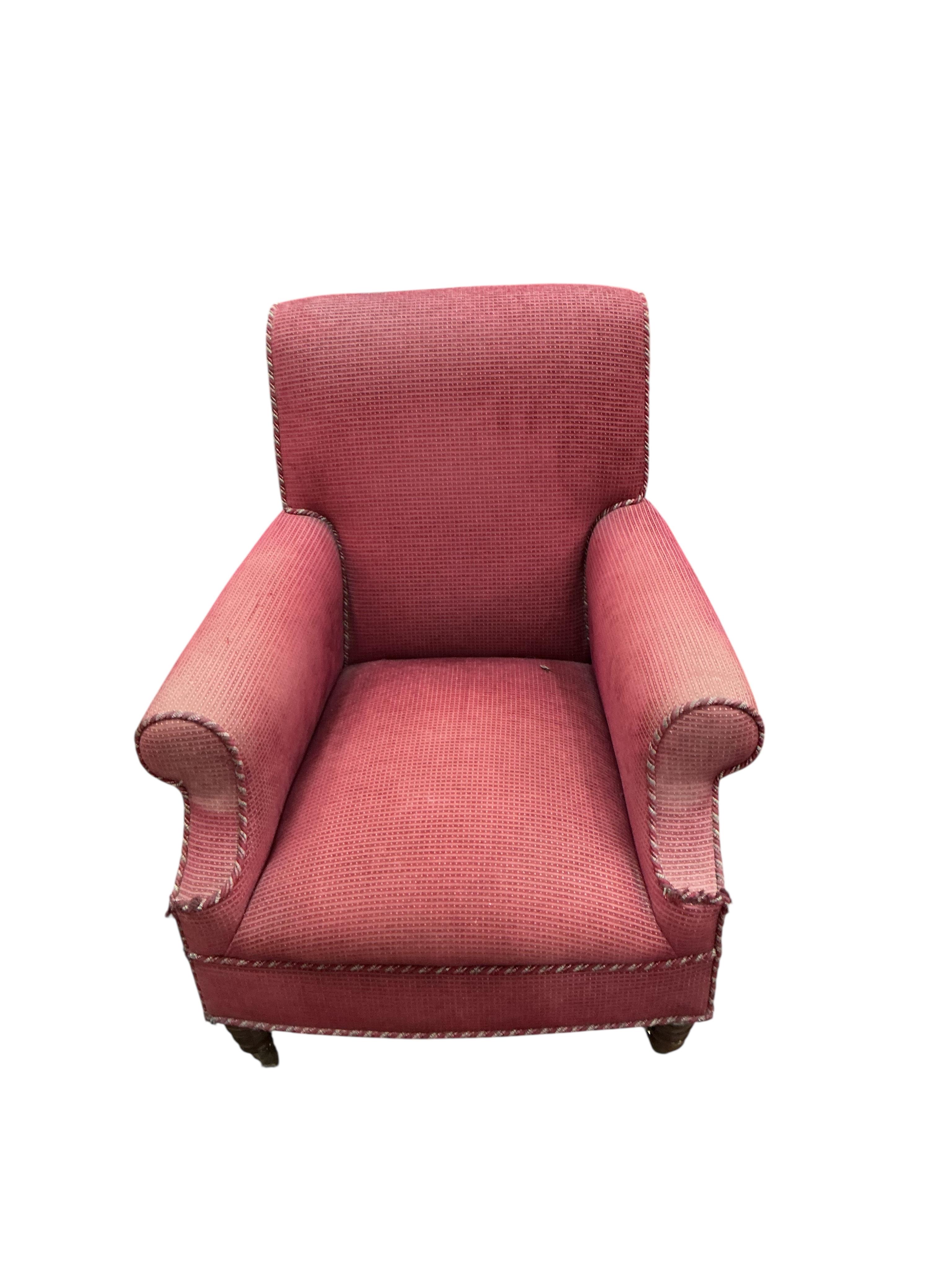 A Victorian style upholstered armchair, width 78cm, depth 76cm, height 90cm